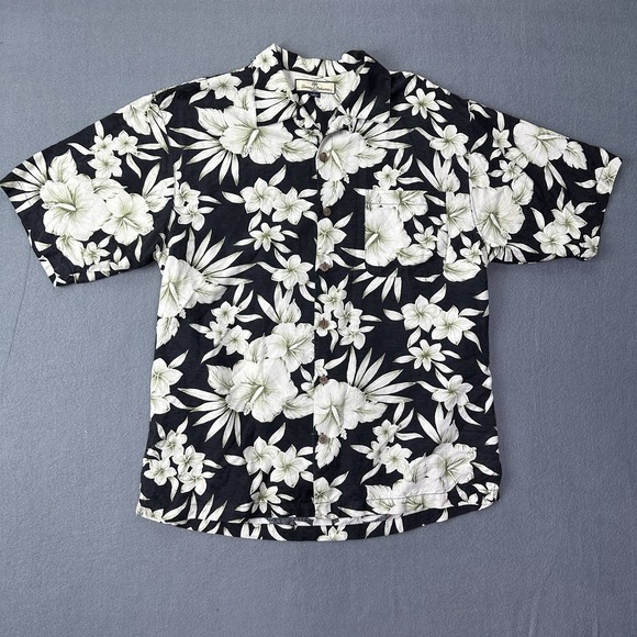 Tommy Bahama Shirt Mens‎ Medium Black Beige Green Floral Button Up Silk Hawaiian - Picture 1 of 6